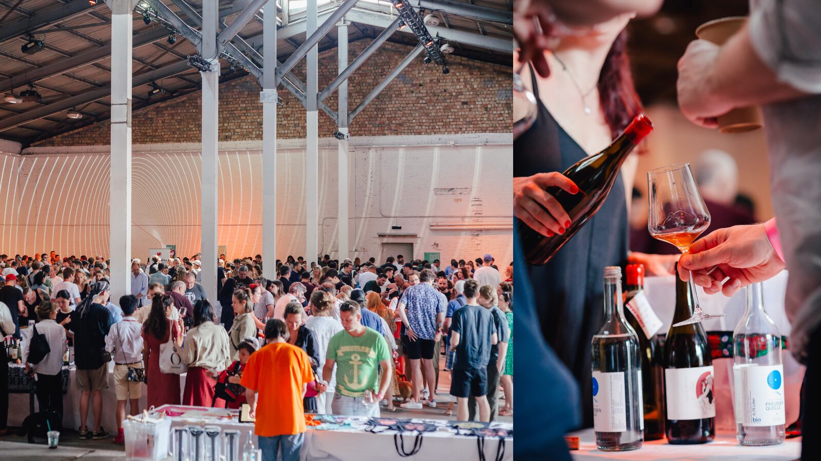 Crowds tasting wine in a Berlin warehouse at the Berlin Sommer Weinfest