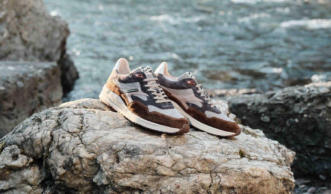 Floris van Bommel sneakers photographed on coastal rocks